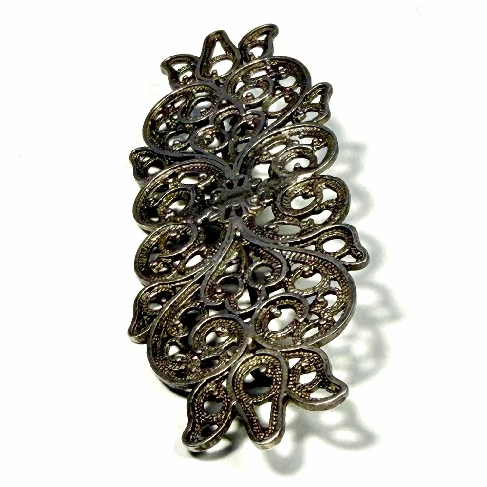 Antique Art Nouveau Filigree Brooch Silver Tone Ornate Open Scroll C Clasp 3